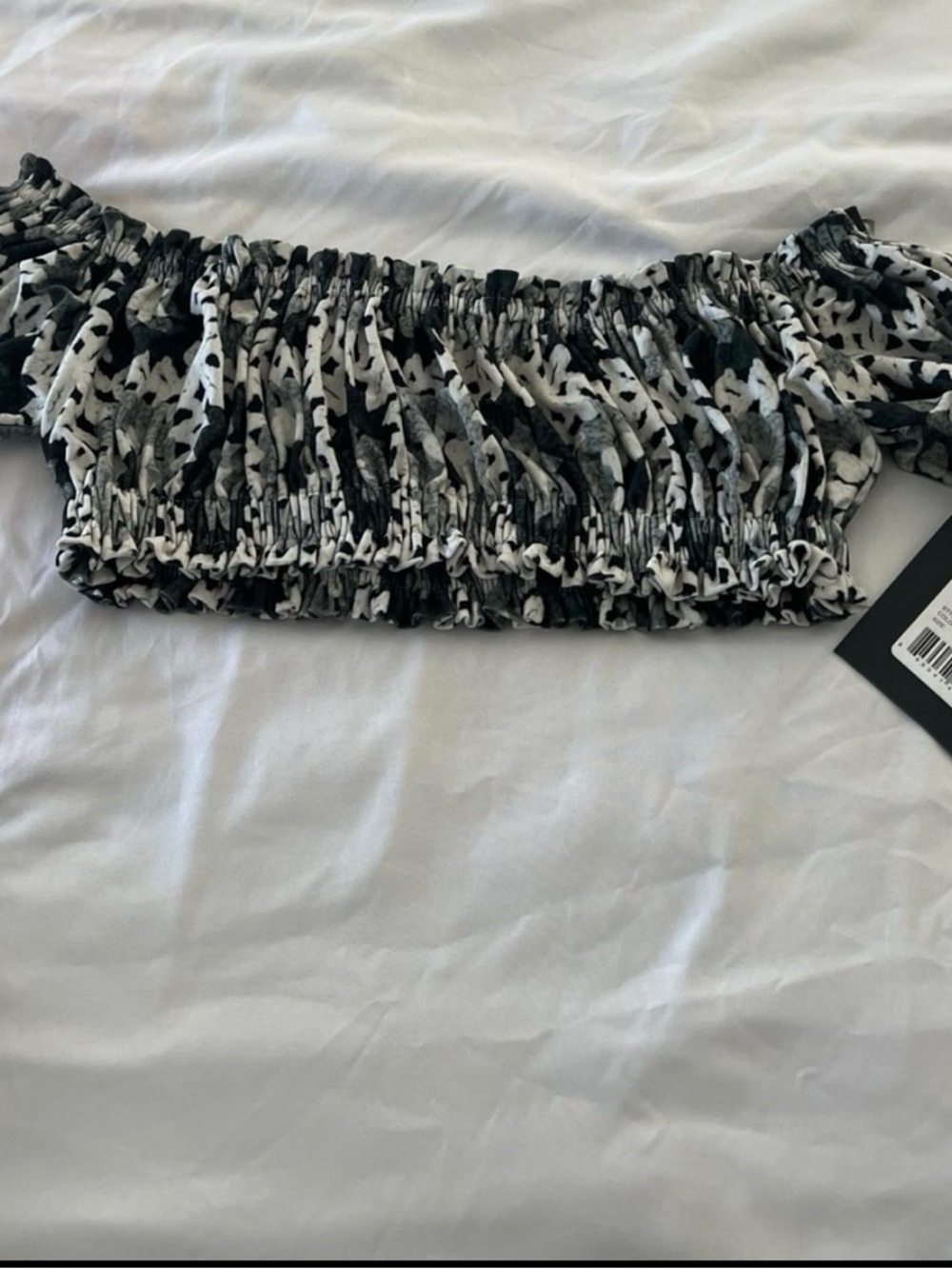 Norma Kamali Black & White Smocked Off-Shoulder Crop Top